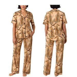 NWT Room Service Women's Notch Collar Pajama Set, Tan (Leopard)